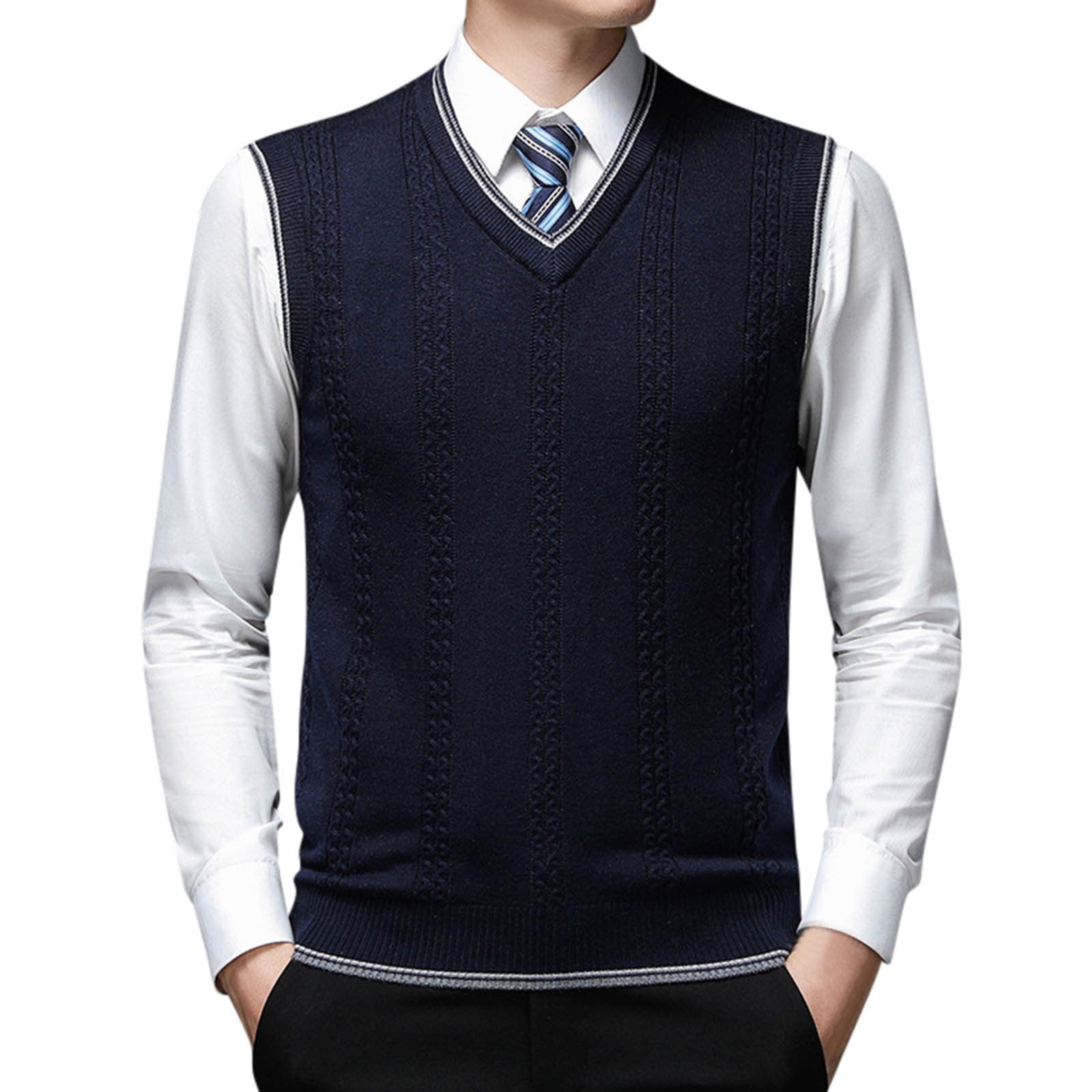 Men's V-neck Jacquard Long Sleeve Pullover Base Thick Sweater