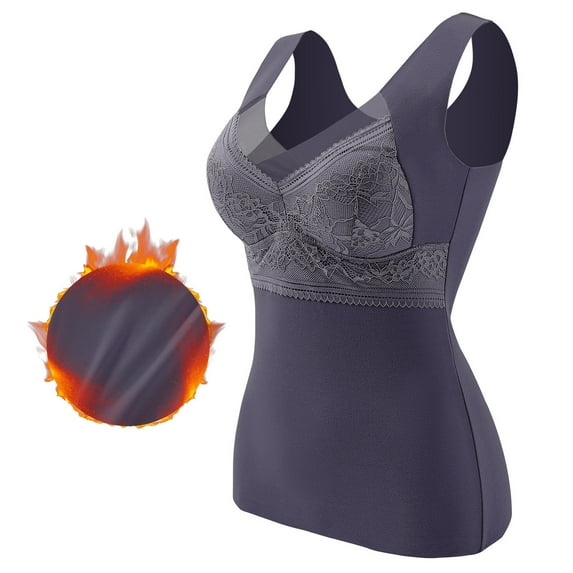 Kcodviy Sleeveless Thermal Shirts For Women With Non Detachable Built In Bra V Neck Vest Lined Underwear Thermal Tank Tops Lace Underwear Women'S Thermal Tops Pack Ladies Thermal Underwear Tops