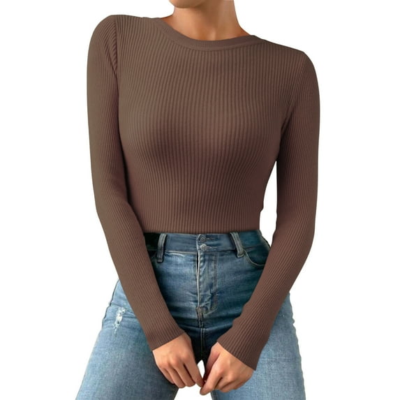 Kcodviy Women Casual Multicolor Basic Round Neck Solid Color Knit Long Sleeve Bodysuit Top Thermal Underwear Top For Women Scoop Neck Thermal Tops For Women Women'S Thermal Tops Sleeveless Mens Therma