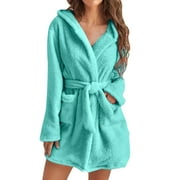 Kcodviy Women Hooded Fleece Bathrobe Lightweight Soft Plush Short Flannel Sleepwear Fleece Hooded Bathrobe Plush Soft Robe Ladies Bathrobe Towel Womens Robes Long Fuzzy Floor Length Robe Barefoot Robe