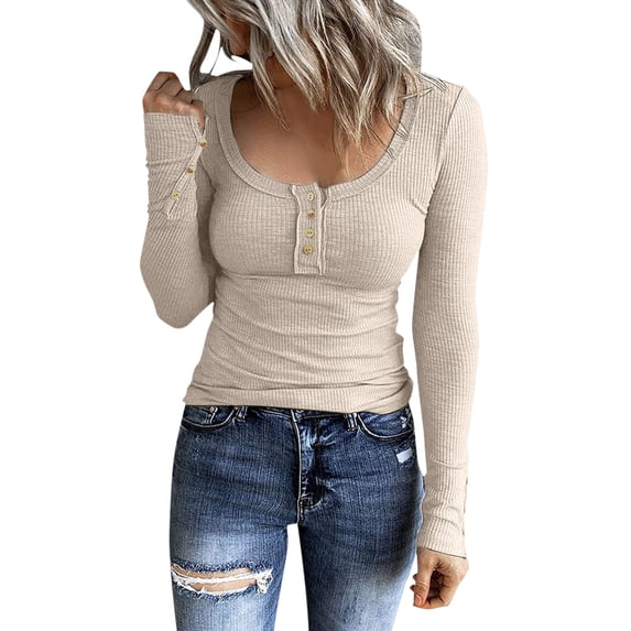 Kcodviy Women Long Sleeve Henley T Shirts Button Down Slim Fit Tops Scoop Neck Ribbed Knit Shirts Ladies Tee Tops Womens Compression Shirt Basics Long Sleeved T Shirt Women Compression Shirt Woman Wom