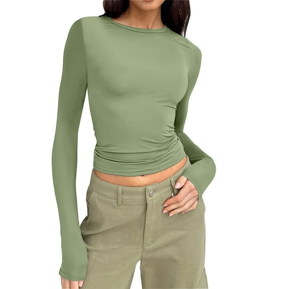 Kcodviy Women’S Long Sleeve Round Neck Crop Top Tee Shirt Basic Solid Tight Slim Fit Cropped Shirt Workout Yoga Long Sleeve Compression Shirts For Women Women Turtle Neck Long Sleeve Shirts Tees Women