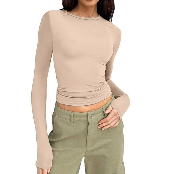 Kcodviy WomenâS Long Sleeve Round Neck Crop Top Tee Shirt Basic Solid Tight Slim Fit Cropped Shirt Workout Yoga Opaque Shirts For Women T Shirt Women Neck Tee Shirt Compression Shirts For Wo