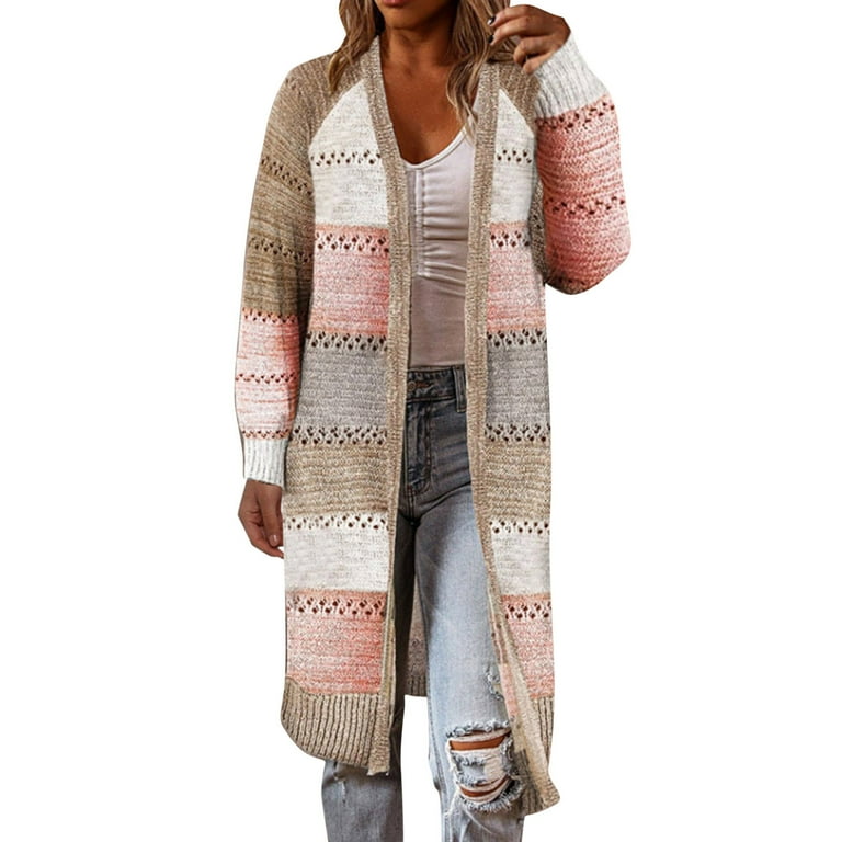 Kcodviy Womens Boho Open Front Cardigan Colorblock Long Sleeve Loose Knit Lightweight Sweaters Studio Works Coats Cable Knit Cardigan Women Super Soft Sweater Plush Coat for Women Ladies Sweater Print...