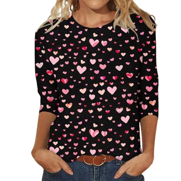 Kcolen 3/4 Length Sleeve Womens Valentine's Day T Shirt Rose Print Womens Funny Valentine S Day T Shirts O Neck Woman Tops Trendy Comfortable Spring Summer Tops