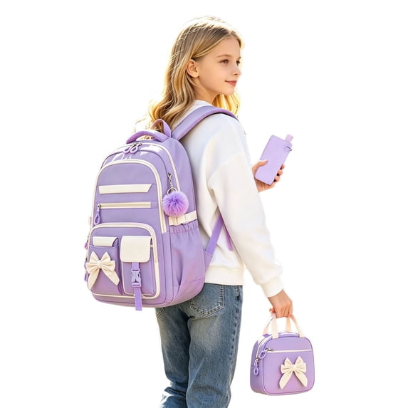 Kcolen Backpack for School,Cute Y2K Backpack Set Lightweight Backpack With Multiple Pockets for First Day of School,Purple
