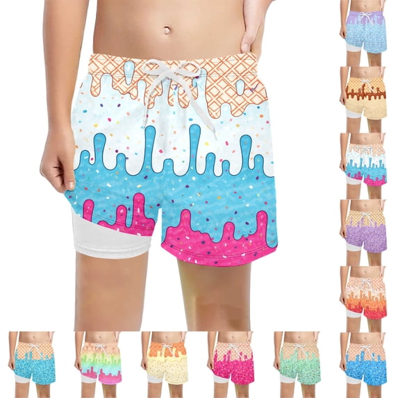 Kcolen Boys Swim Trunks with Compression Liner Kids Quick Dry Bathing Suit Boy Ice Cream Baseball Summer Swim Shorts