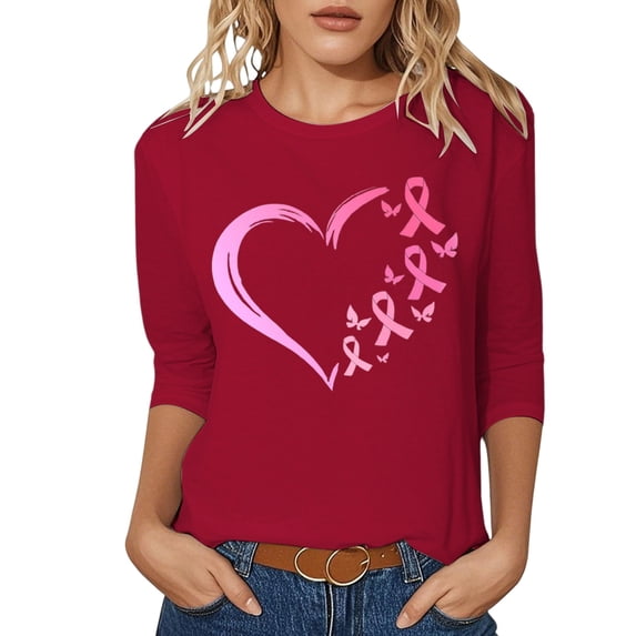 Kcolen Cancer T Shirts for Women Funny, Cancer Awareness T-Shirt Pink Ribbon 3/4 Length Sleeve Plus Size Cancer Pullover Shirts Tee Tops