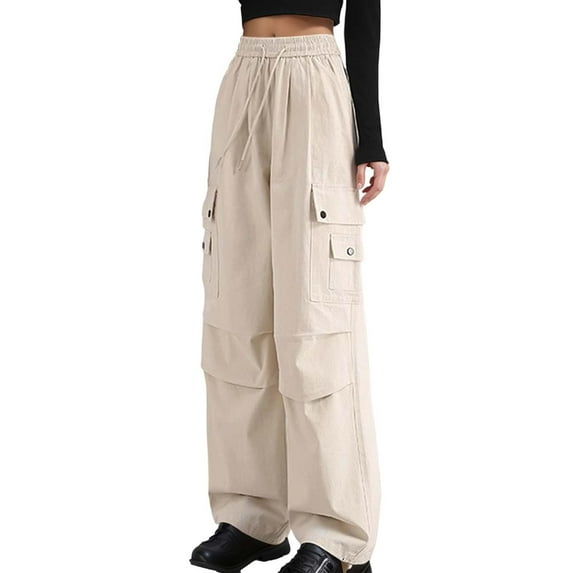 Kcolen Cargo Pants for Women Baggy Wide Leg Stretchy Wide Leg Trousers with Pockets Loose Fit Womens Trendy Baggy Streetwear Y2k Drawstring Trousers Wide Leg Pants