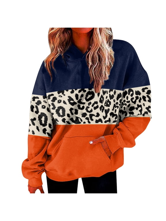 Color Block Leopard Patchwork Hoodie for Women, Casual Pullover Hooded Sweatshirt, Loose Fit Long Sleeve Winter Daily Wear Streetwear Top