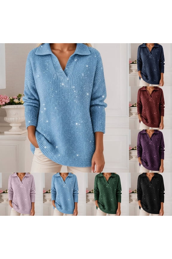 Cozy Winter Sweater for Women, Sequin Glitter Sparkle Long Sleeve Knitted Top,Valentines Pullover V-Neck Loose Fit Women ValentineSoft Warm Clothes