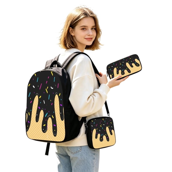 Kcolen Cute Back To School Backpacks,3 Piece Ice Cream Print Backpack Set Casual Daypack Fashion Lightweight Backpack Set for Daily Use,Black