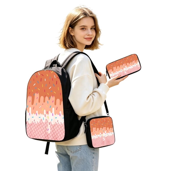 Kcolen Cute Back To School Backpacks,3 Piece Ice Cream Print Backpack Set Casual Daypack Fashion Lightweight Backpack Set for Daily Use,Orange