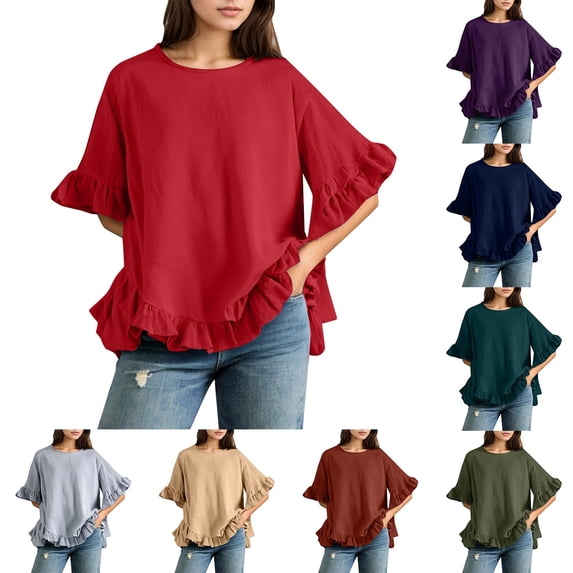Kcolen Cute Summer Tops for Women Solid Color Short Sleeve Round Neck Plus Size Blouses Summer Womens Dressy Casual Summer Vacation Fashion Clothing 2026,Red