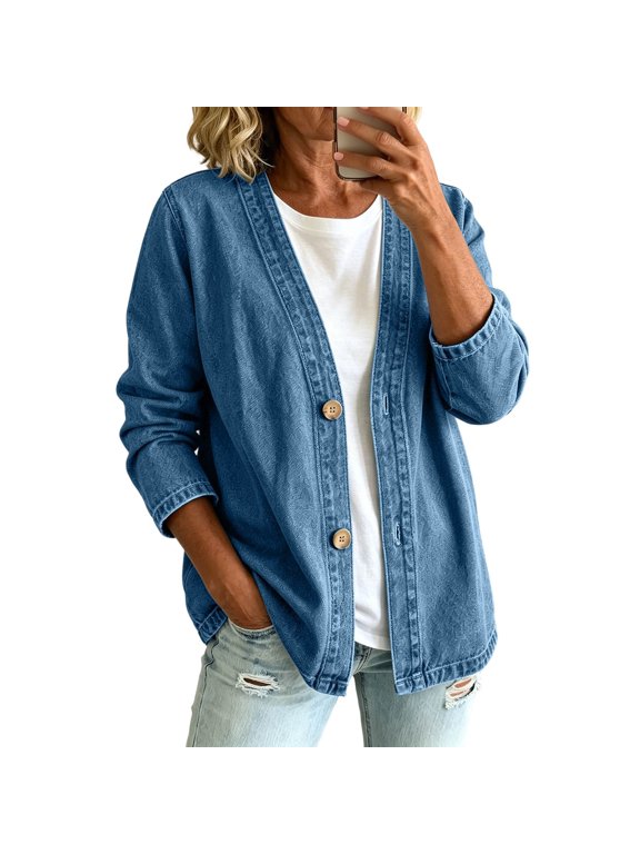 Denim Cardigan Jacket for Women Classic Button Front Stretch Collarless Denim Jacket Lightweight Casual Long Sleeve Denim Cardigan Coat