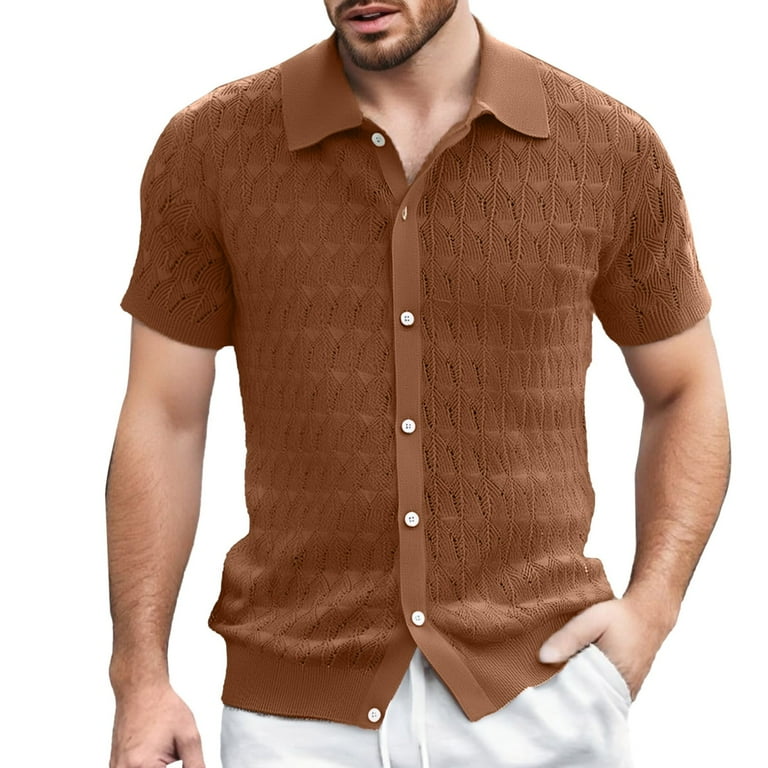 Kcolen European Style Solid Color Knitted Short Sleeve Shirt for Men with Lapel and Perforated Detail Business Casual Fashion Casual Summer Beach 