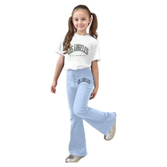 Kcolen Girls 2 Piece Outfits Trendy Summer Crew Neck Top & Flared Leg Pants Set Kids Clothing Sets Back To School Preppy Clothes