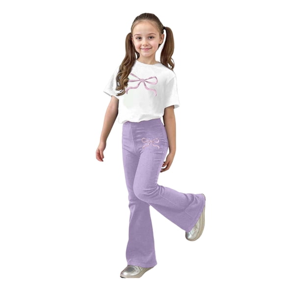 Kcolen Girls 2 Piece Summer Outfit Casual Summer Short Sleeve Top + Cute Bow Print Flared Pants Cute Summer Kids Girls' Clothing Sets