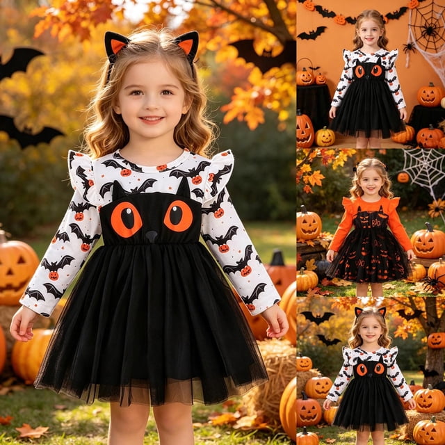 Kcolen Girls Bat Pumpkin Print Long Sleeve Halloween Tutu Dress for