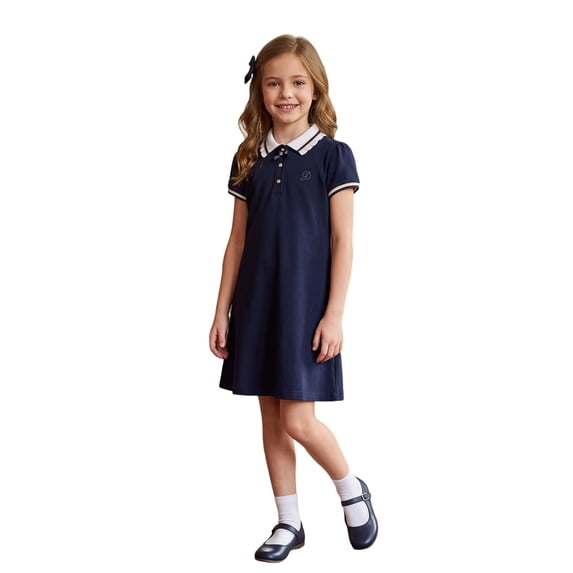 Kcolen Girls Polo Dress Collared Dress Solid Color Short Sleeve Uniform Dresses Pleated Dresses Girls Preppy Back to School Clothes 5-13 Years
