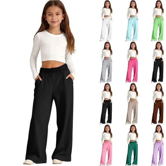 Kcolen Girls' Sweatpants Straight Wide Leg Kids Drawstring Casual Joggers Loose Athletic Pants Uniform Pants with Pockets 11-12 Years