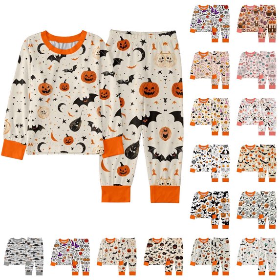 Kcolen Halloween Gifts Halloween Pajamas 2 Piece Outfit for Teens, Cute Print Long Sleeve Shirt Elastic Long Pants Fall Winter Sleepwear Set