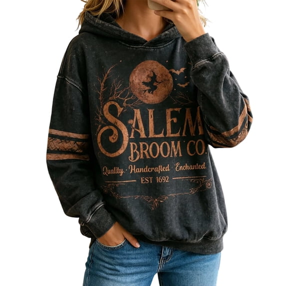 Kcolen Halloween Hoodies for Women Salem Broom Company Printed Hooded Sweatshirt Casual Fall Halloween Witch Shirts Halloween Gifts for Adults