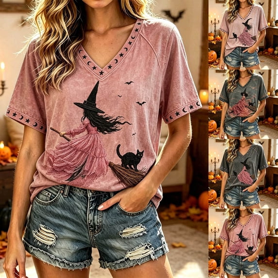Kcolen Halloween Witch Shirt for Womens Fall Short Sleeve Crew Neck Graphic Tee T Shirt Casual Vintage Halloween Thanksgiving Shirts for Women
