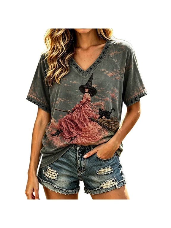 Halloween Witch Shirt for Womens Fall Short Sleeve Crew Neck Graphic Tee T Shirt Casual Vintage Halloween Thanksgiving Shirts for Women