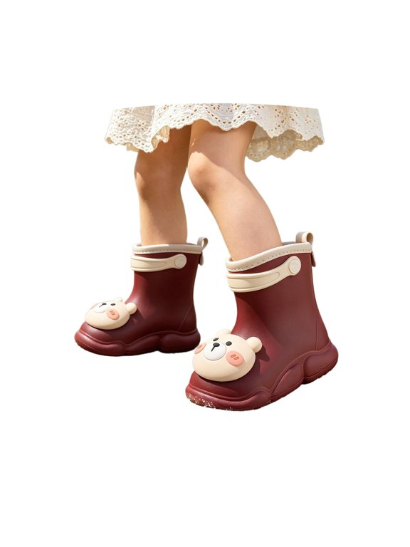 Kids Cute Bear Charm Rain Boots Waterproof Non- Outdoor Rain Shoes for Toddler Boys Girls, Preschool Daily Wear Ages 2-9 Beige