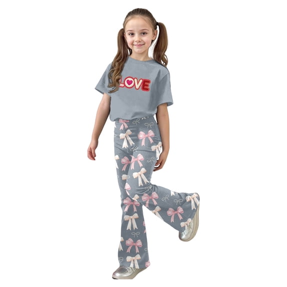 Kcolen Kids Girl Summer Clothes Summer Girls Clothes Short Sleeve Crewneck T-Shirt and Flared Pants Set Summer Outfits for Girls