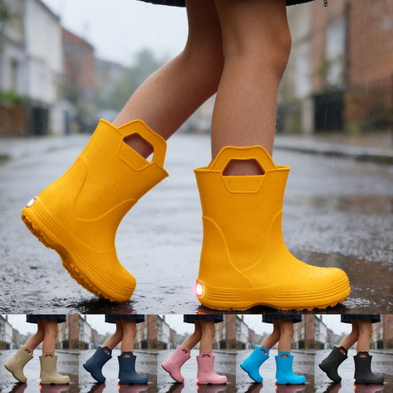 Kcolen Kids LED Light Rain Boots with Carry Handle Waterproof Non- Outdoor Rain Shoes for Toddler Boys Girls, Four Season Daily Wear Ages 2-11 Black