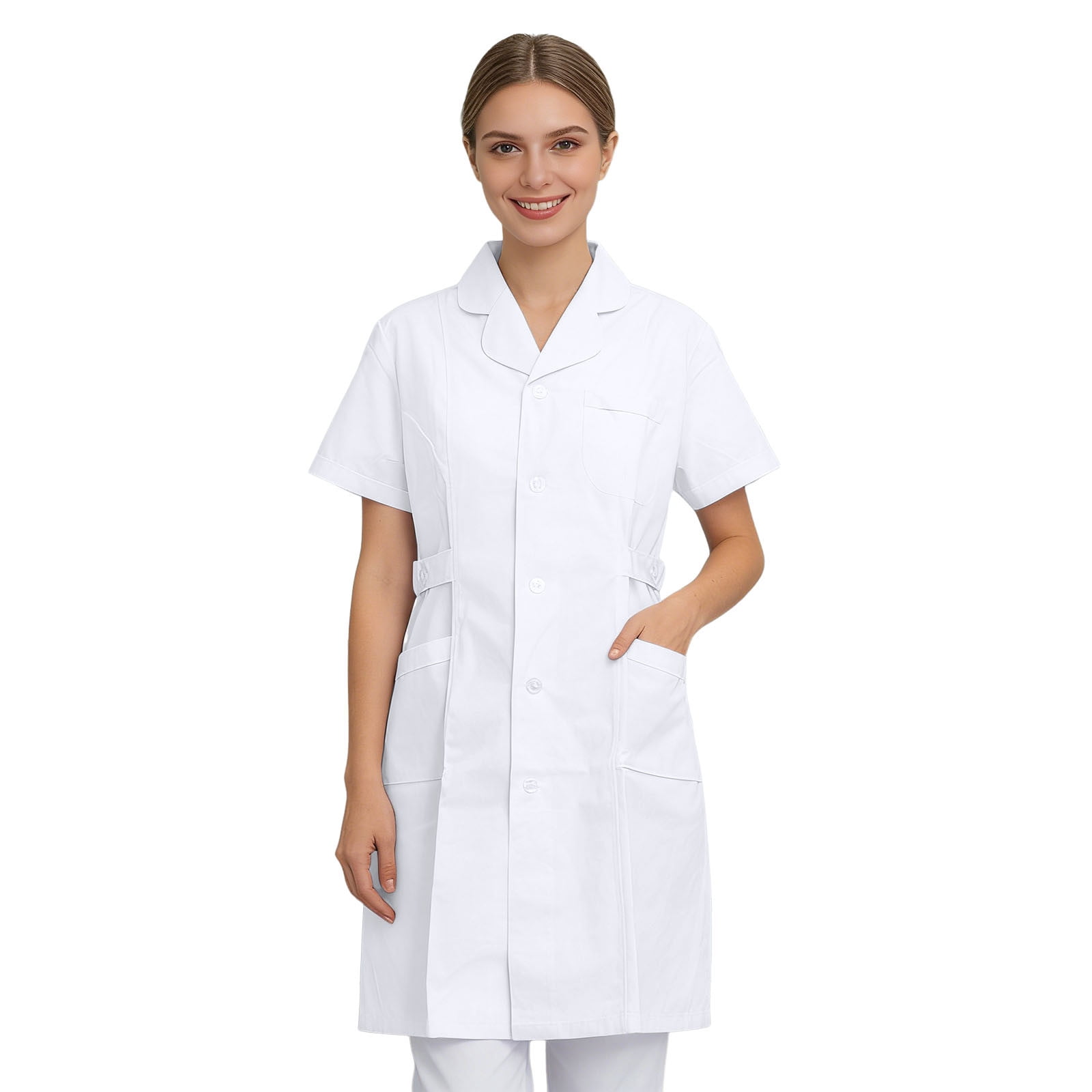 Kcolen Long White Lab Coat with Round Neck and Slant Pockets, Short ...