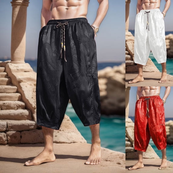 Kcolen Men Casual Pants Relaxed Fit Men's Summer Fashion Casual Trousers Lightweight Loose Fit Beachwear Style Ice Silk Floral Print Bottoms