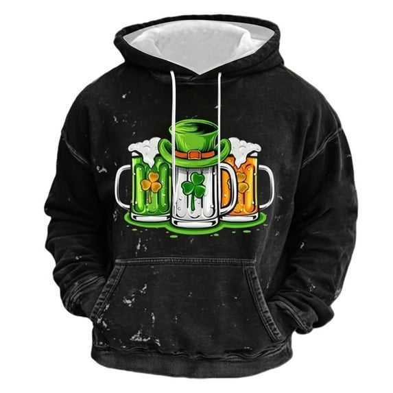 Kcolen Men St Patrick's Day Hooded Sweatshirt Stand Collar Irish Green Graphic Pullover Casual Jacket St Patricks Day Holiday Celebration Tops