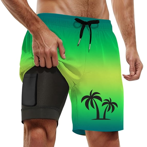 Kcolen Men Swim Trunks With Compression Liner,Mens Swim Trunks 9 Inch,Print Drawstring Waist Lightweight Summer Board Shorts for Surfing Swimming