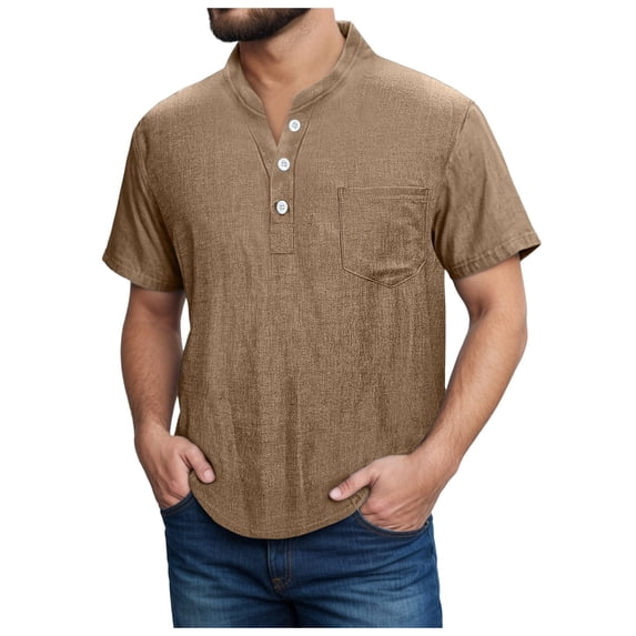Kcolen Men T Shirts Cotton Men Henley Tee Tops Pullovers Solid Color Lightweight Summer Beach Tops Summer Outdoor Basic Tee Tops for Men