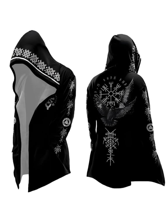 Men Halloween Mid-Length Hooded Coat, Vintage Tree of Life Print Viking Cardigan for Outdoor Festival Daily Wear