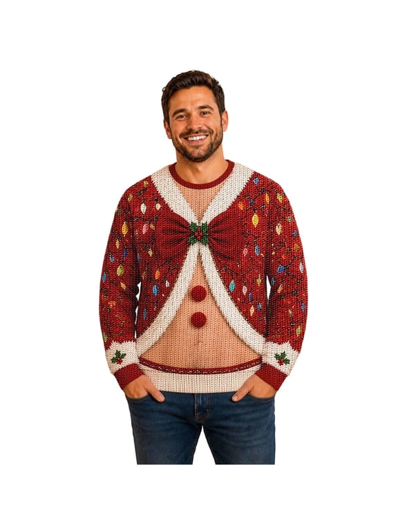 Mens Funny Hairy Chest Christmas Sweater,Fall Winter Loose Fit Novelty Pullover Sweatshirt for Outdoor Christmas Holiday Party Casual Wear