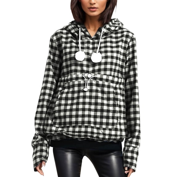 Kcolen Pet Pouch Hoodie for Women, Plaid Check Pattern Oversized Kangaroo Pocket Loose Lightweight Pullover with Dog Pocket Sweatshirt for Fall Winter