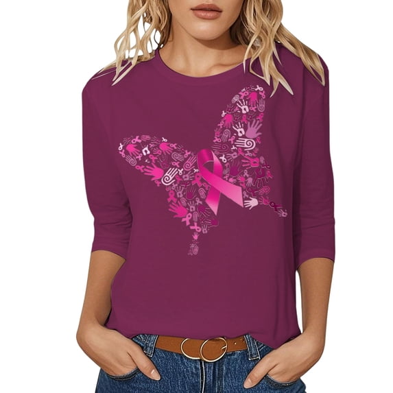 Kcolen Pink Ribbon Cancer Awareness T-Shirts Women, Cancer Awareness T-Shirt Pink Ribbon 3/4 Length Sleeve Plus Size Cancer Pullover Shirts Tee Tops