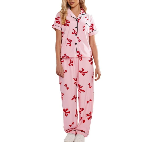 Kcolen Super Soft Pajamasfor Women Valentine Jammies Long Sleeve Pj Sets Cute Bow Heart Print Cozy Womens Valentines Nightgown Loungewear Sets Woman