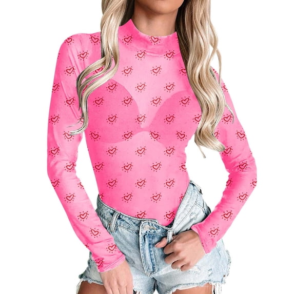 Kcolen Valentine Mesh Top for Women Heart Shamrock Printed Long Sleeve Turtleneck Dressy Mesh Shirt Bodycon See Through Layering Top Valentines Day Gifts