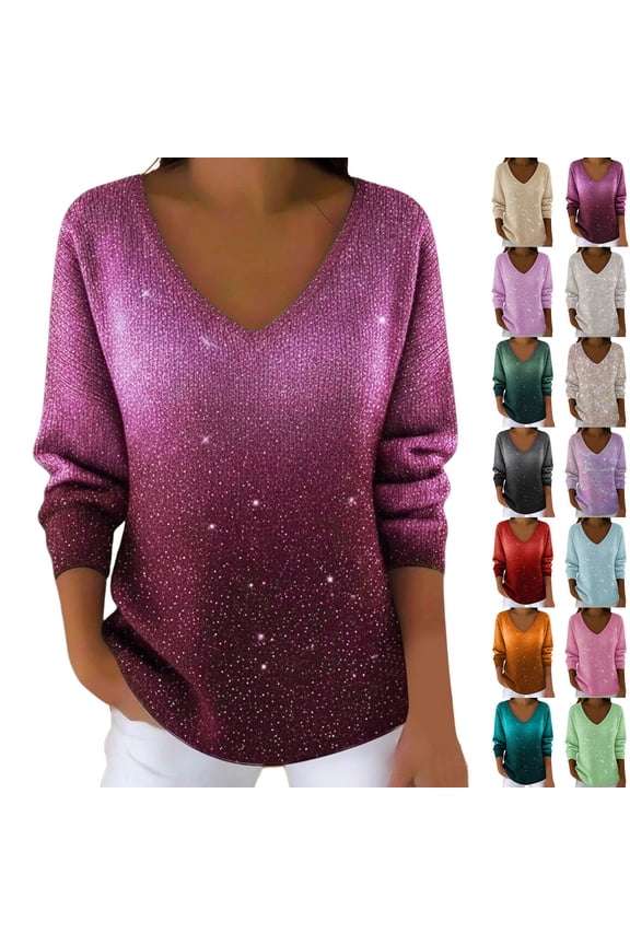 Valentine Sweater for Women Elegant Sequin Top Shirt Long Sleeve V Neck Sparkly Solid Color Fashionable Knit Oversized Pullover Blouses