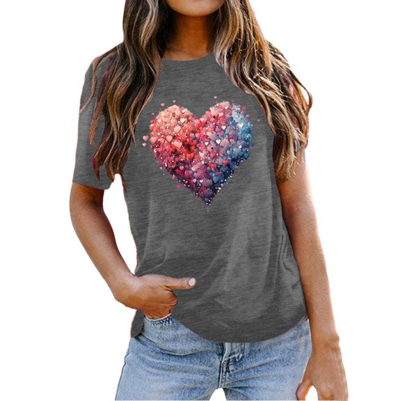 Kcolen Valentine's Day Tshirts for Women Flowers Print Valentine's Day Shirt Women Easy Wear Womens Short Sleeve Tshirt Clothes for Womens