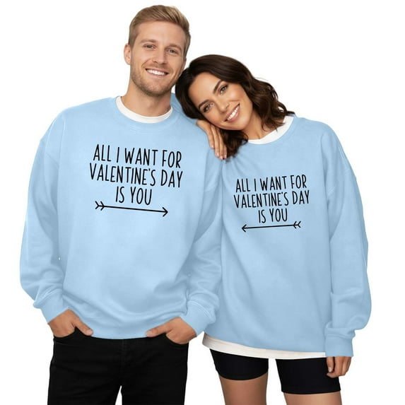 Kcolen Valentine's Day Women Oversize Pullover Sweatshirts Lover Heart Graphic Shirts Couple's Printed Crew Neck Men Fall Loose Fit Valentines Day Gifts Light Blue