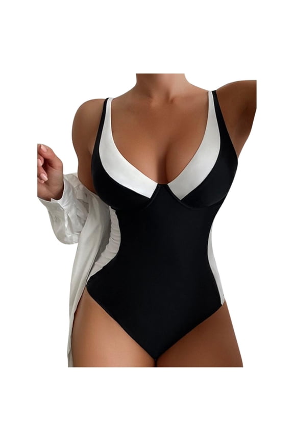Women Bathing Suit Tummy Control Push Up Training Sport Swimming Suits Loose Fit Bathing Suit Color Block Training Swimwear for Women
