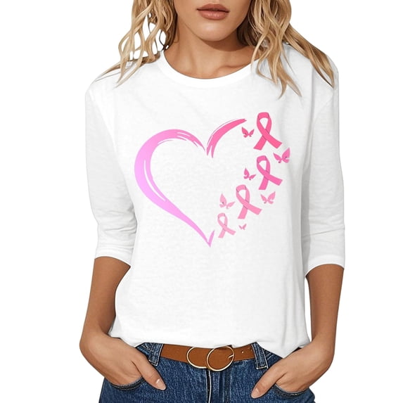 Kcolen Women Cancer Awareness T Shirt,Loose Pink Ribbon Print Awareness Support Tops 3/4 Length Sleeve Inspirational Blouse Cancer Support Crewneck Tops