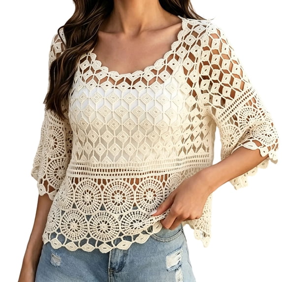Kcolen Women Cover Ups for Swimwear Summer Boho Hollow Out Knit Cover Up Tunic Top Loose Fit Beach Swimwear Dress
