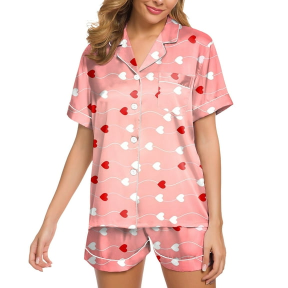 Kcolen Women Silk Pajamasset Valentine's Day Pajamas Set Short Sleeve Bow Pajamas Comfy Womens Valentines Day Nightgown Valentines Day Gifts for Her